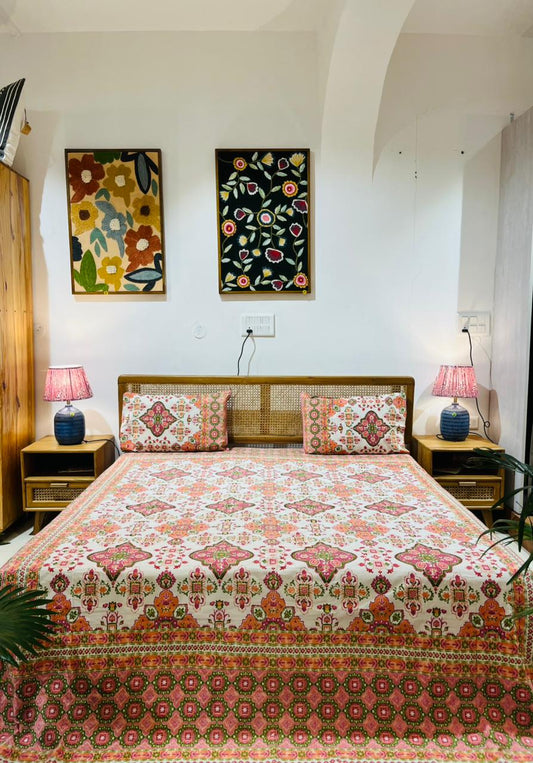 Surya Geometric Floral Print Bedsheet – Pink & Olive Green