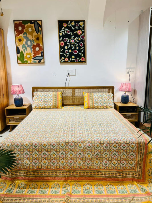 Surya Floral Hand block Print Bedsheet – Pink & Green