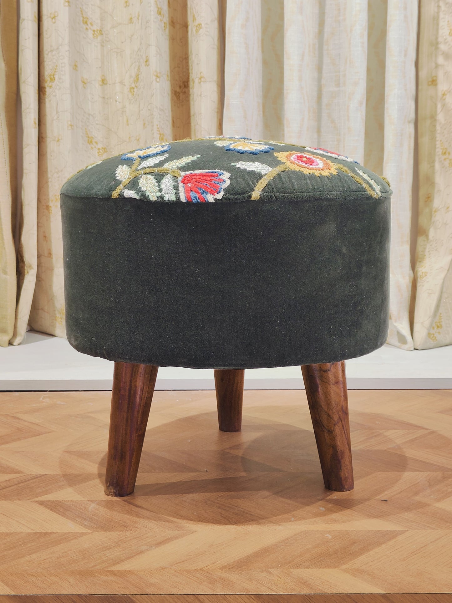 Embroidered Velvet Handwoven Ottoman – Floral Green