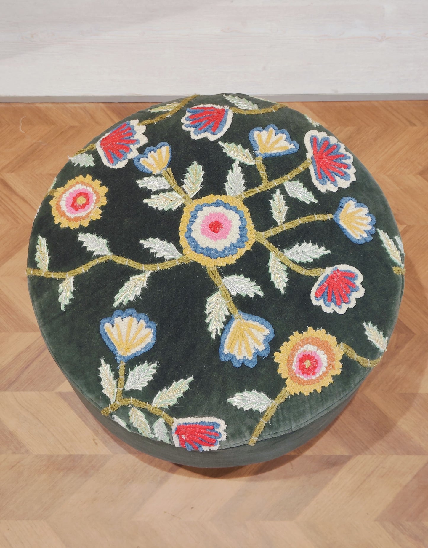 Embroidered Velvet Handwoven Ottoman – Floral Green