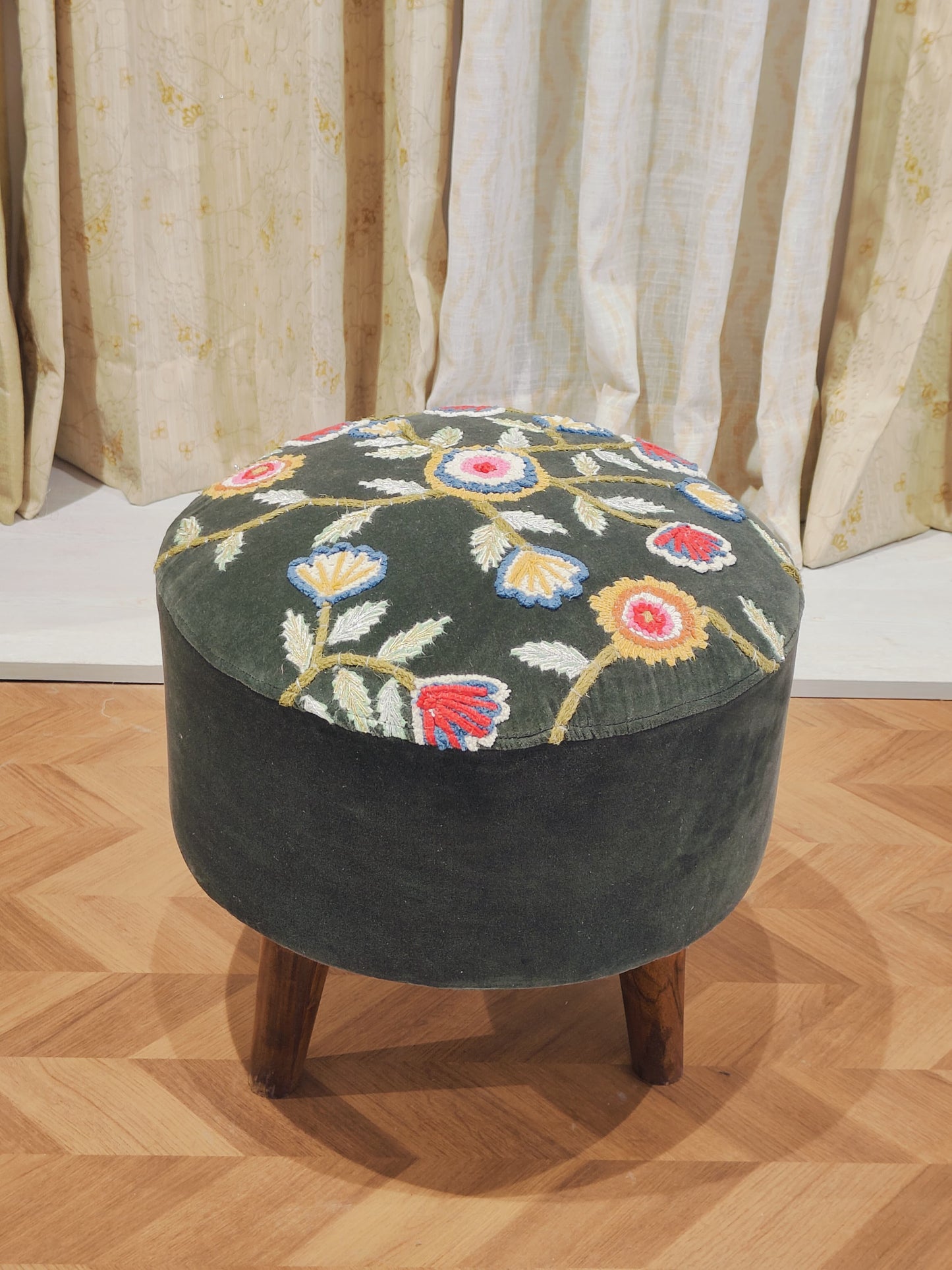 Embroidered Velvet Handwoven Ottoman – Floral Green