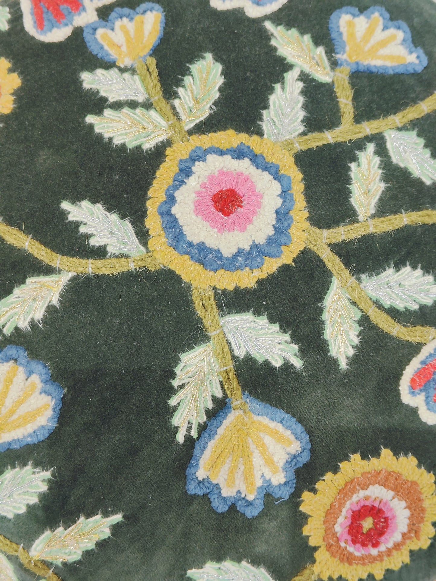 Embroidered Velvet Handwoven Ottoman – Floral Green