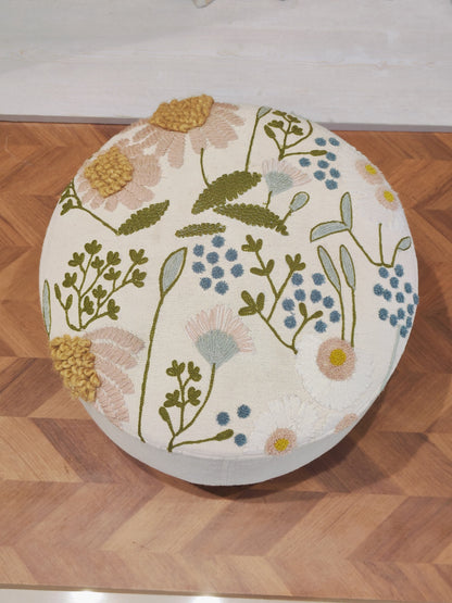 Embroidered Handwoven Ottoman – Pastel Cream Bloom