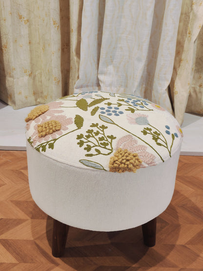 Embroidered Handwoven Ottoman – Pastel Cream Bloom