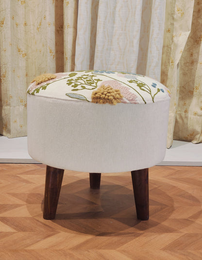 Embroidered Handwoven Ottoman – Pastel Cream Bloom