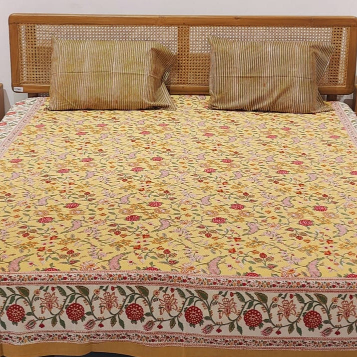 Vibrant Yellow Hand Block Printed Cotton Bedsheet Set