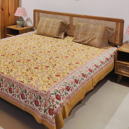 Vibrant Yellow Hand Block Printed Cotton Bedsheet Set