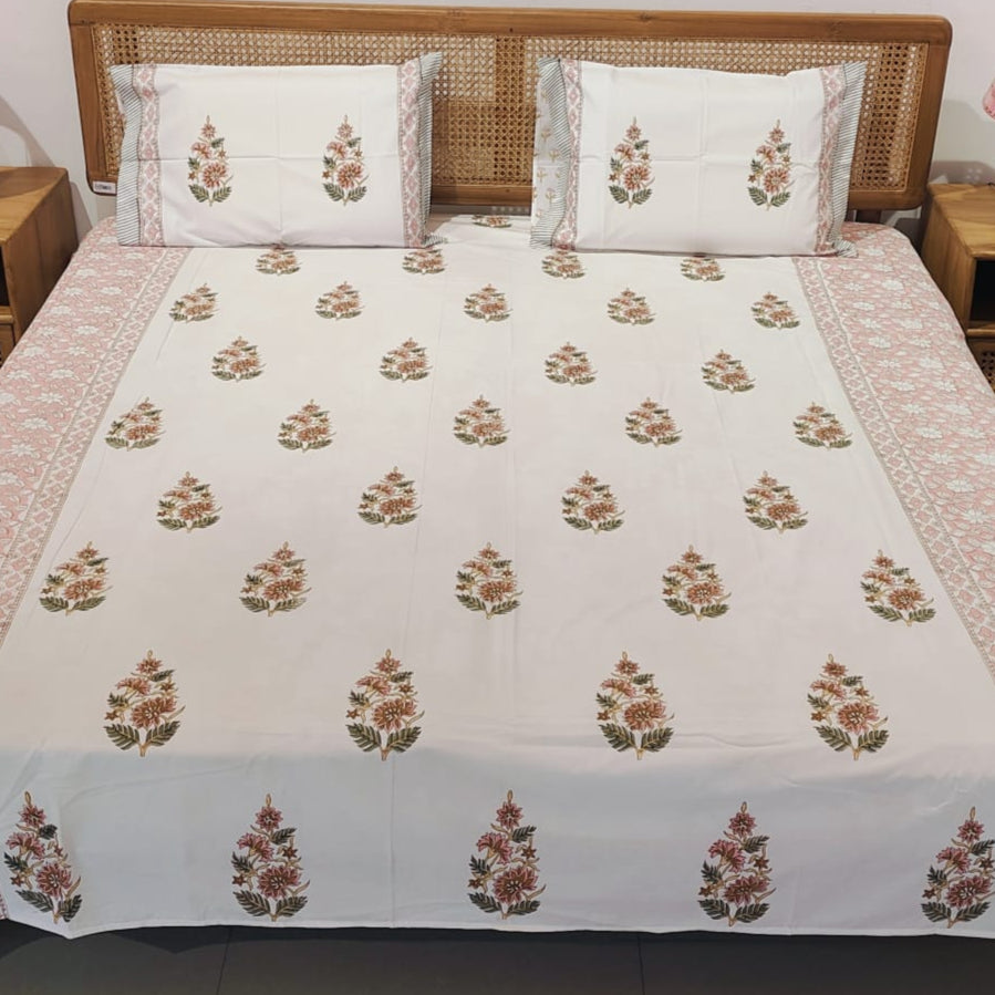 Hand Block Printed Floral Cotton Bedsheet Set