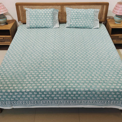 Aqua Blue Hand Block Printed Cotton Bedsheet Set