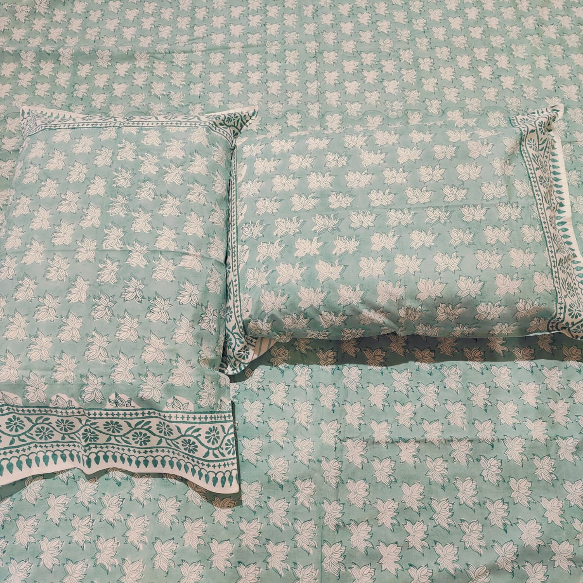 Aqua Blue Hand Block Printed Cotton Bedsheet Set