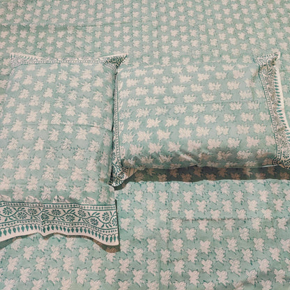 Aqua Blue Hand Block Printed Cotton Bedsheet Set
