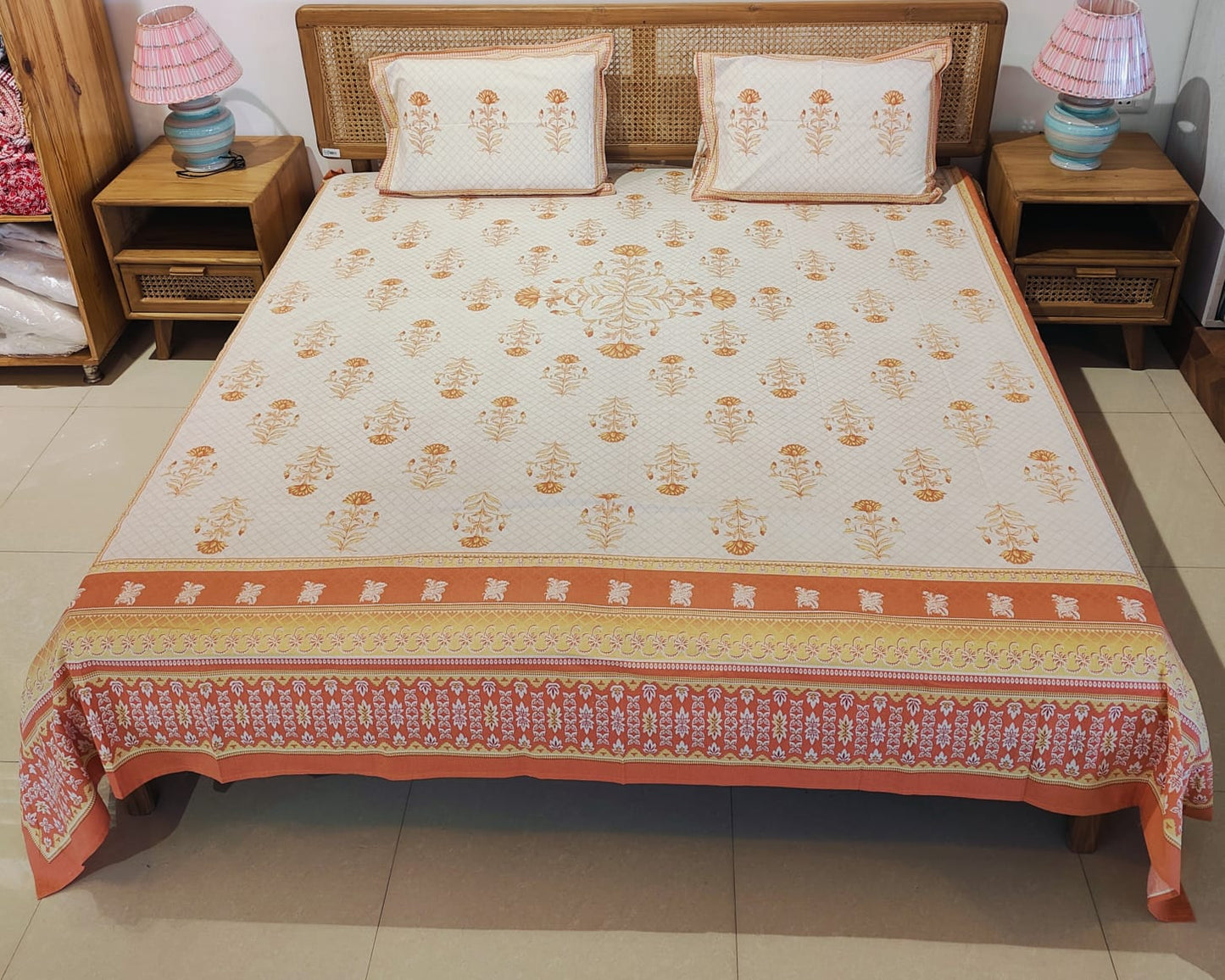 Soft Peach Floral Cotton Bedsheet Set