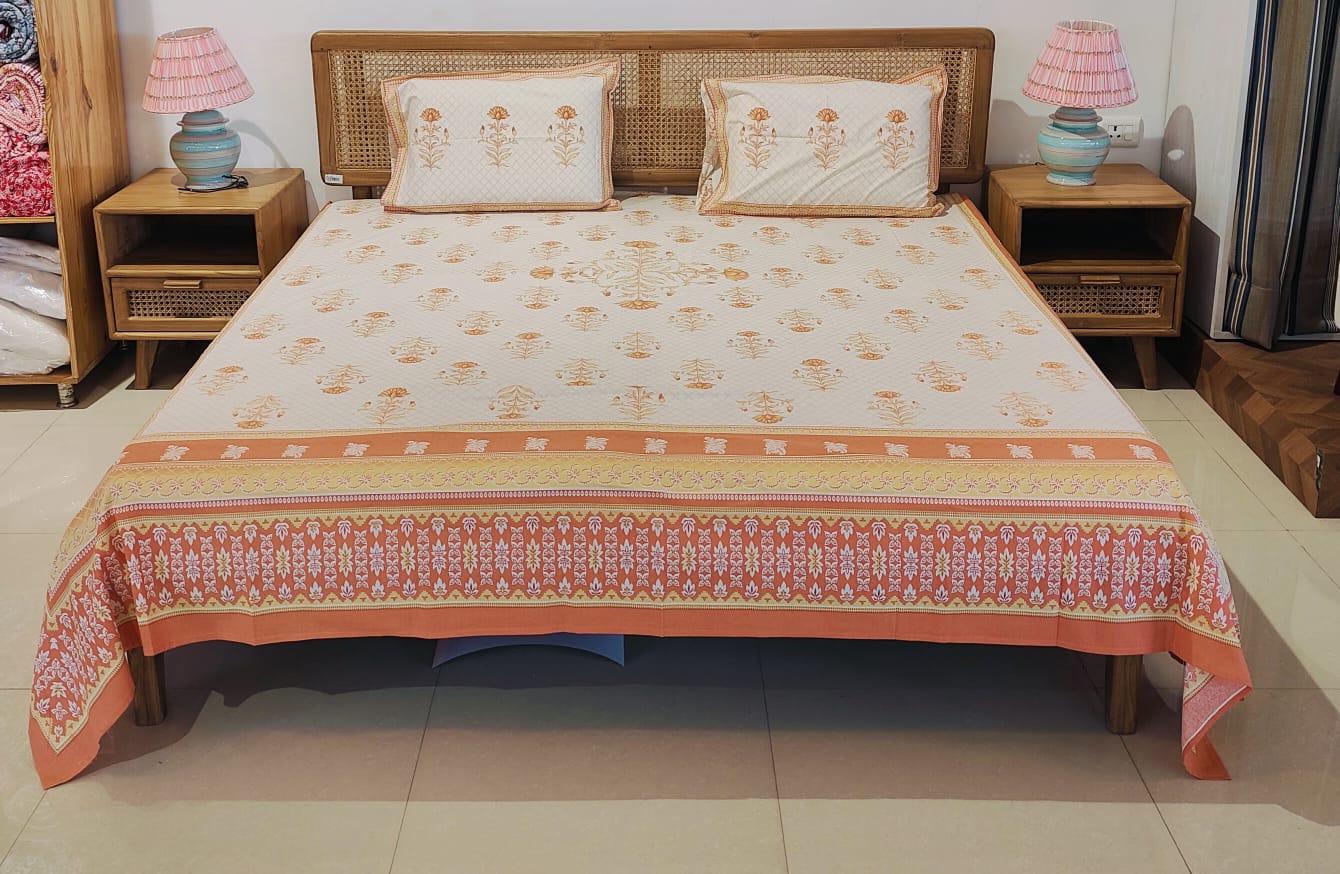 Soft Peach Floral Cotton Bedsheet Set