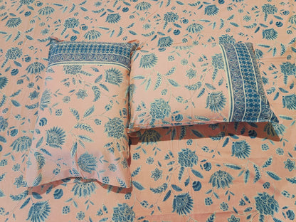 Pink & Blue Floral  Cotton Bedsheet Set