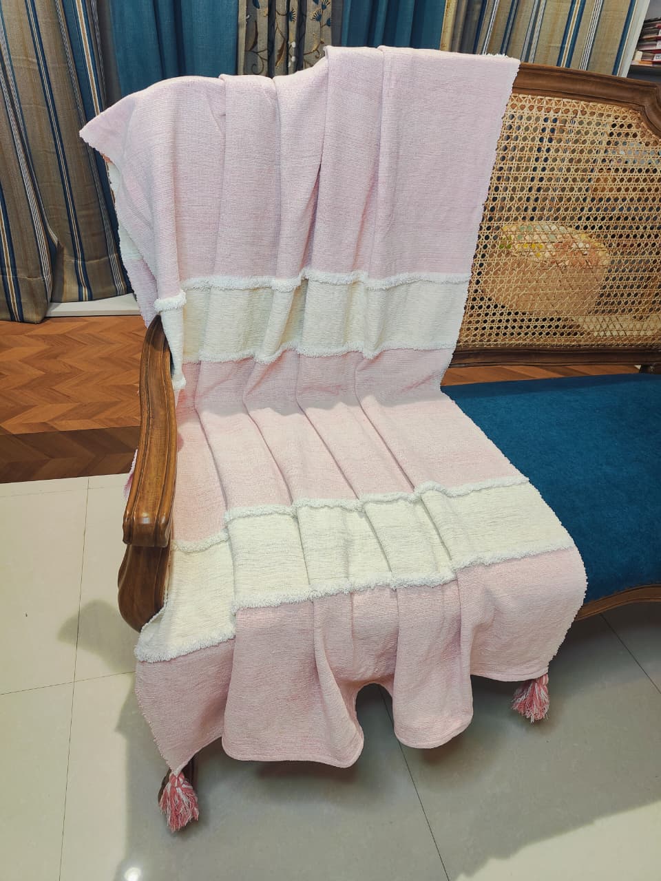 Blush Pink &amp; Ivory Textured Throw with Tassels