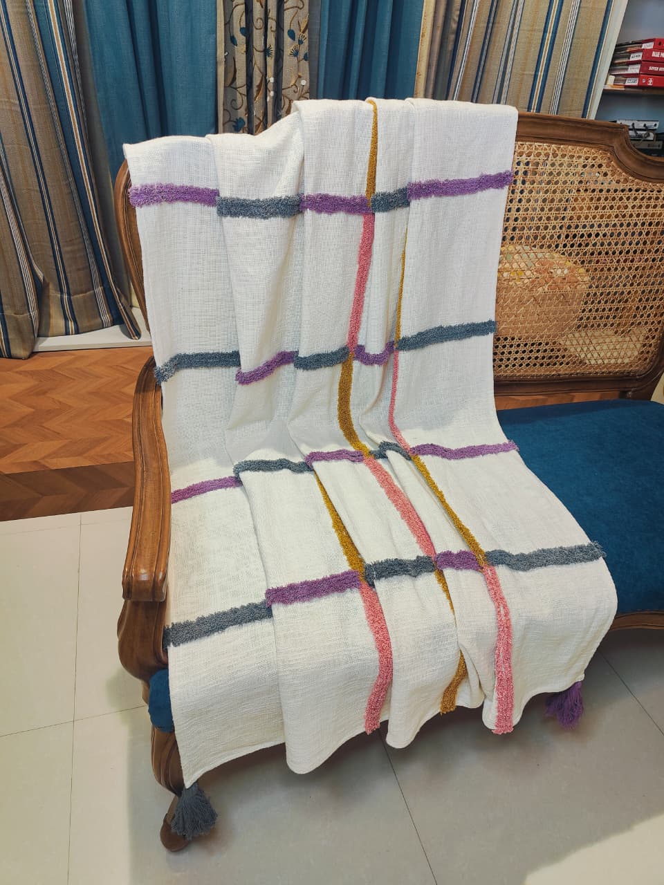 Ivory Textured Throw with Multicolor Stripes &amp; Tassels