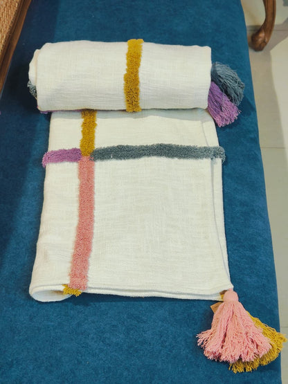 Ivory Textured Throw with Multicolor Stripes &amp; Tassels