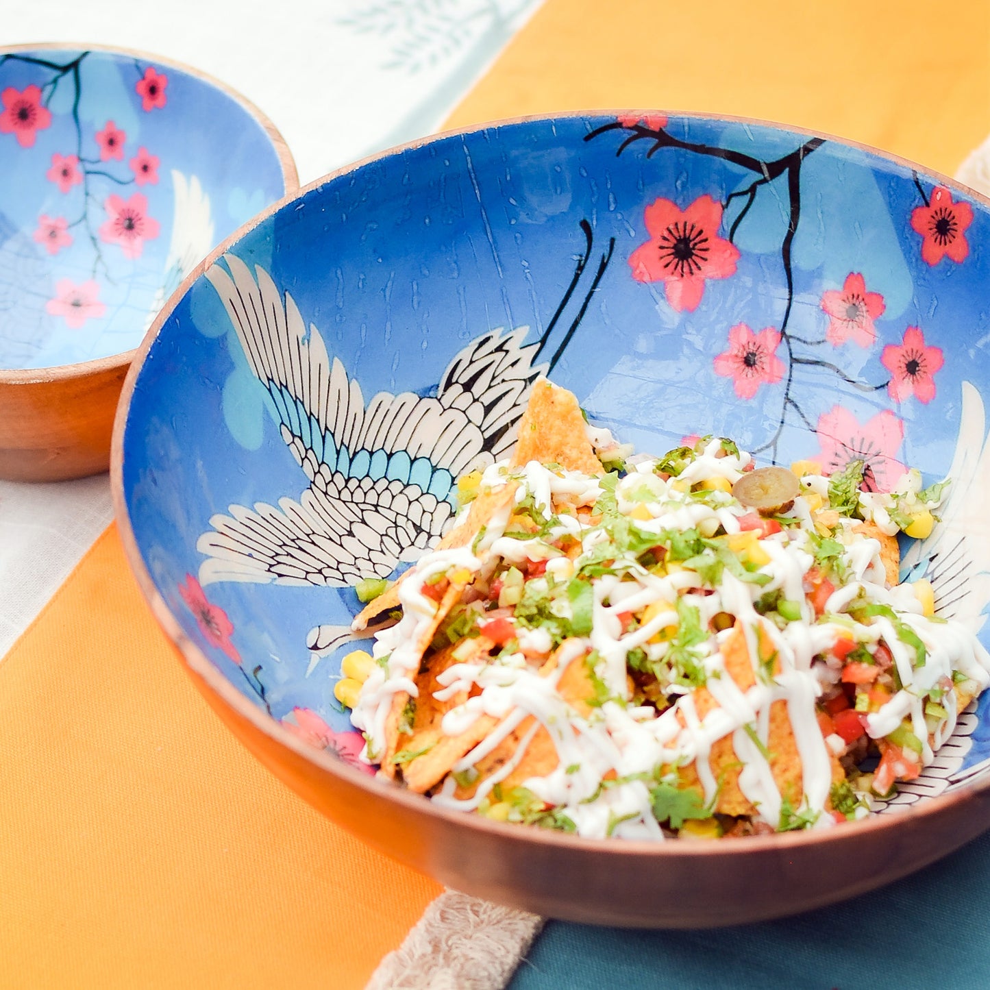 Wooden Salad Bowl-Blue Printed