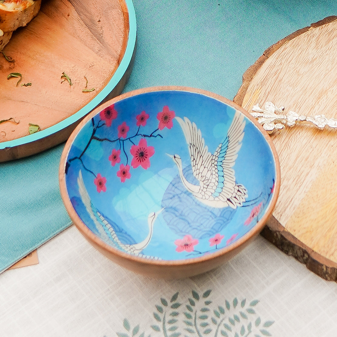 Wooden Serving Small Bowl- Blue Printed