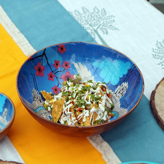 Wooden Salad Bowl-Blue Printed