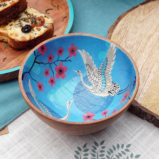 Wooden Serving Small Bowl- Blue Printed