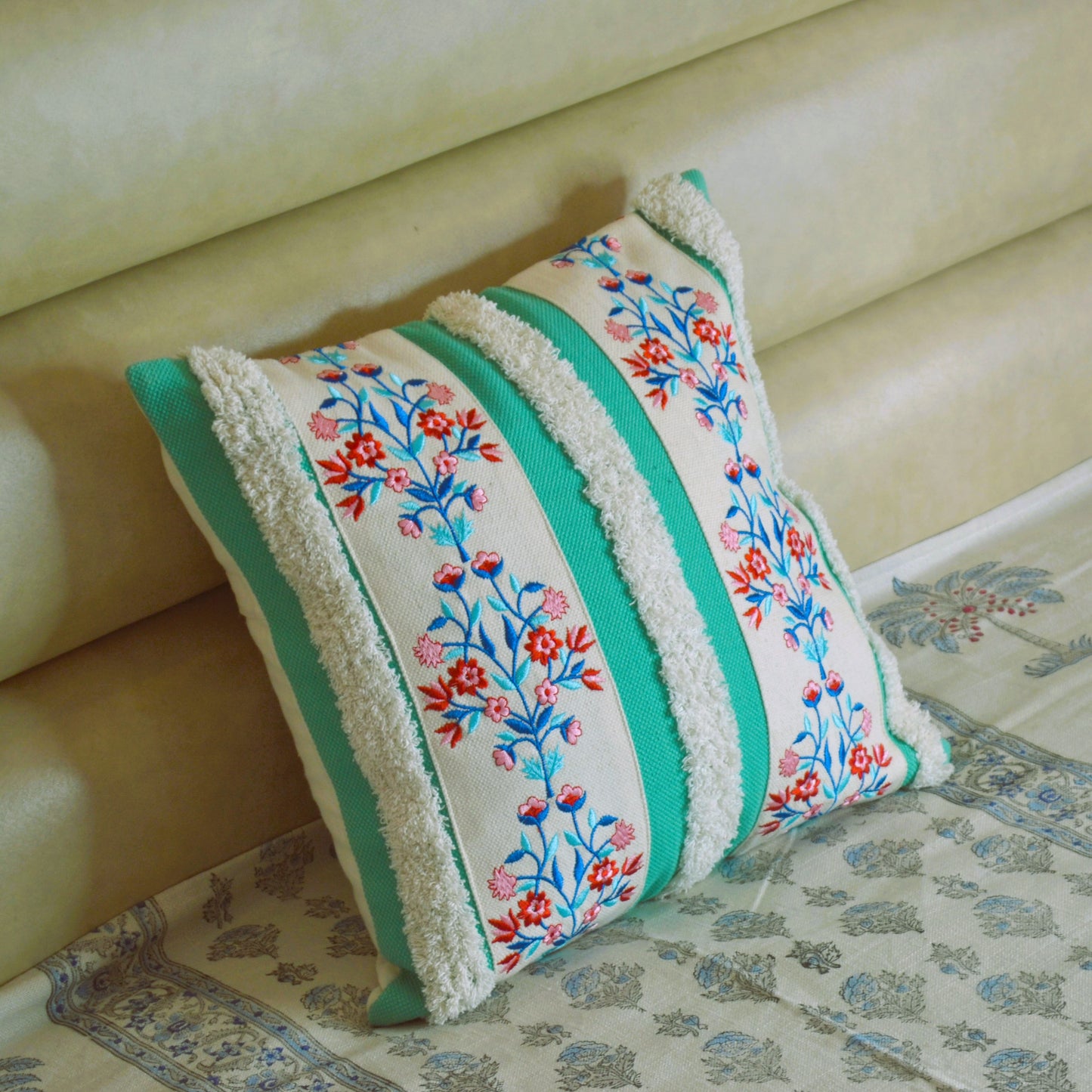 Embroidery Tufted Cushion Cover-Torquoise