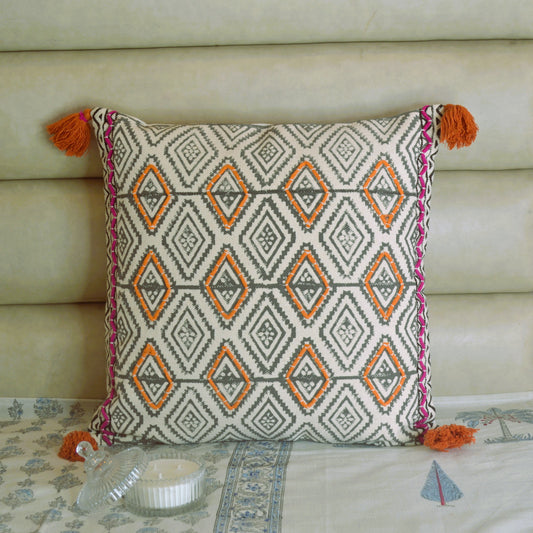 Abstract Blockprinted Tufted Cushion Cover