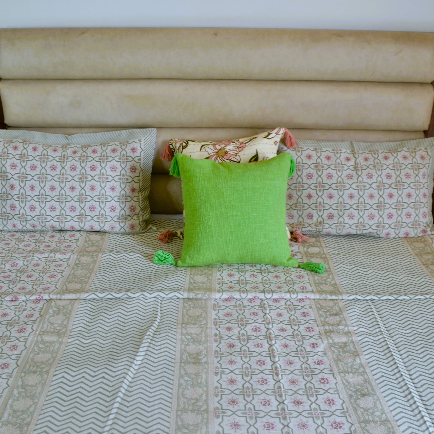Abstract Blockprinted Cotton Bedcover-Green