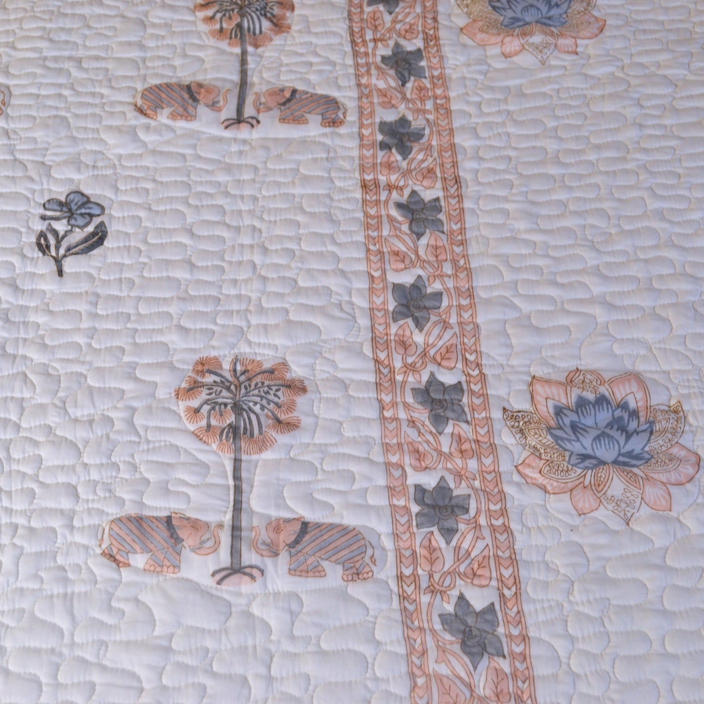 Lotus Quilted Block Printed Bedcover-Peach