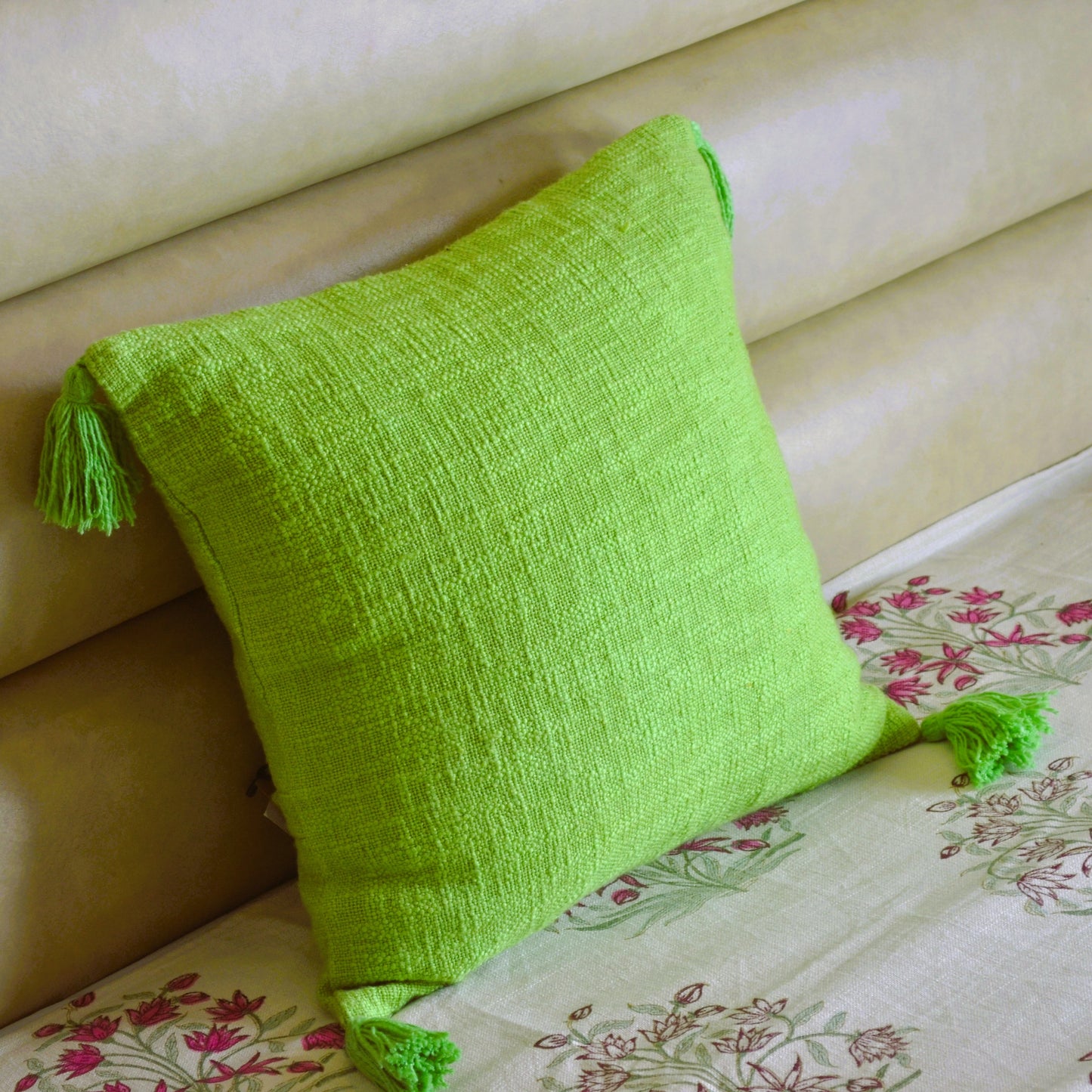 Slub Cotton Solid Green  Cushion Cover