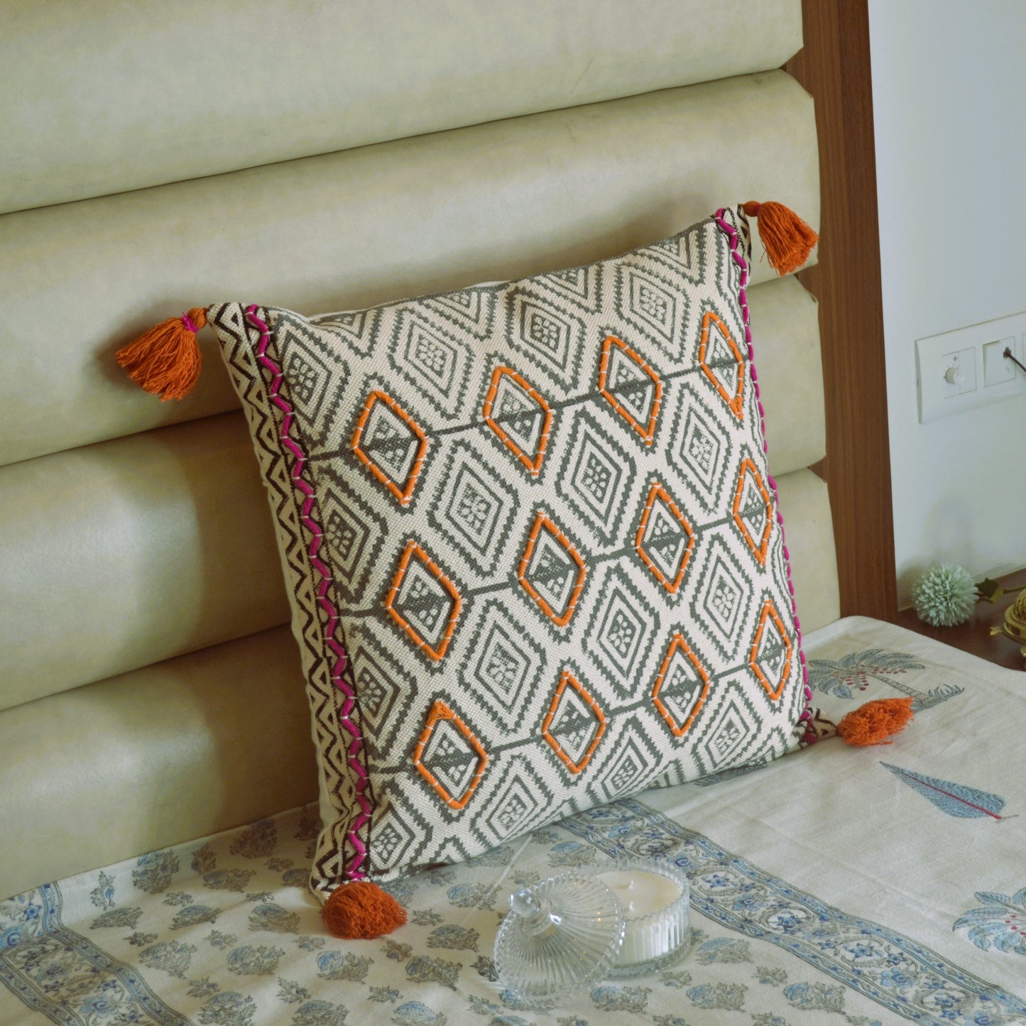 Abstract Blockprinted Tufted Cushion Cover