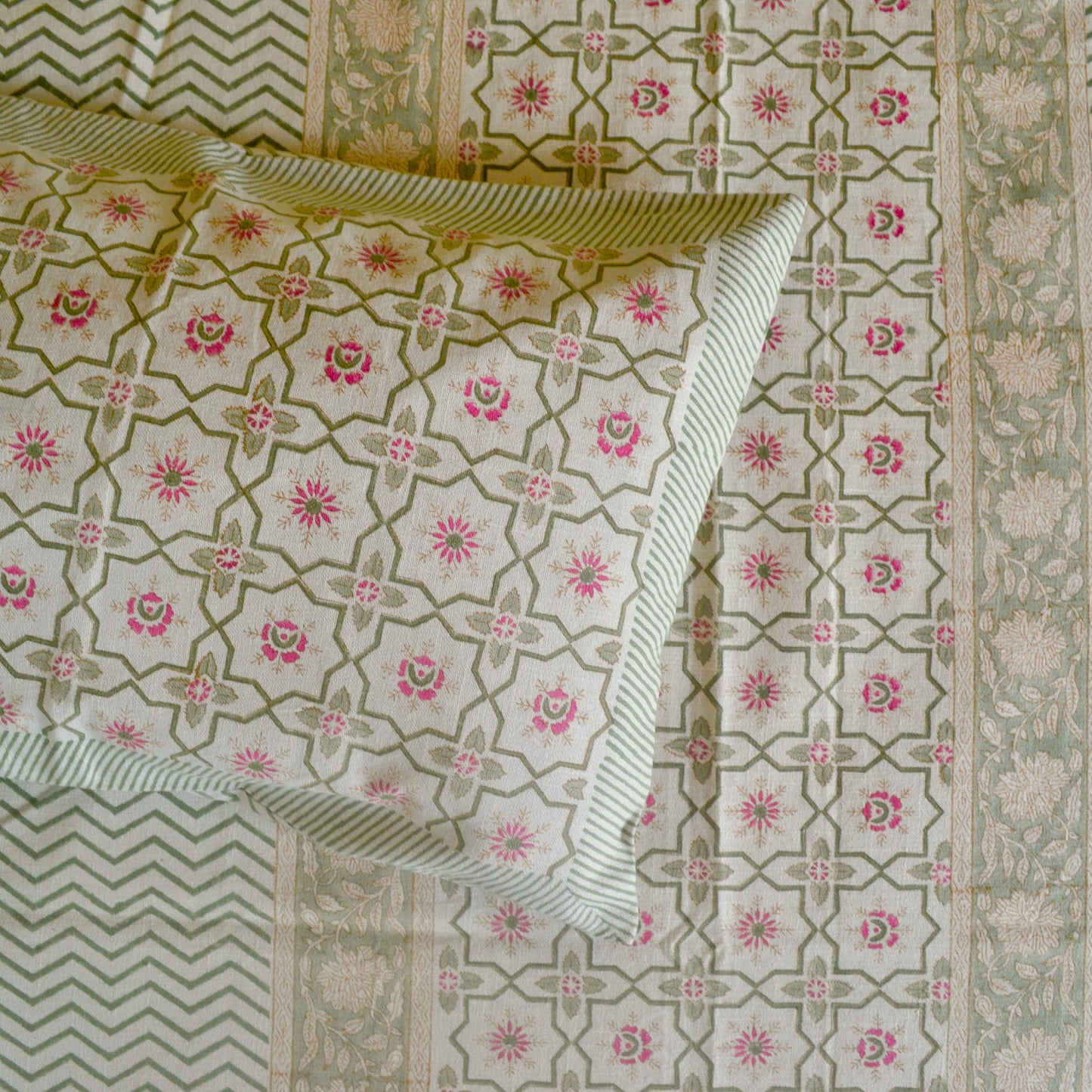 Abstract Blockprinted Cotton Bedcover-Green