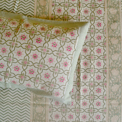 Abstract Blockprinted Cotton Bedcover-Green