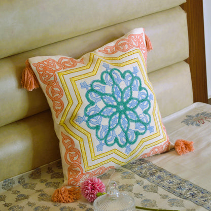 Embroidery  Tufted Cushion Cover-Peach