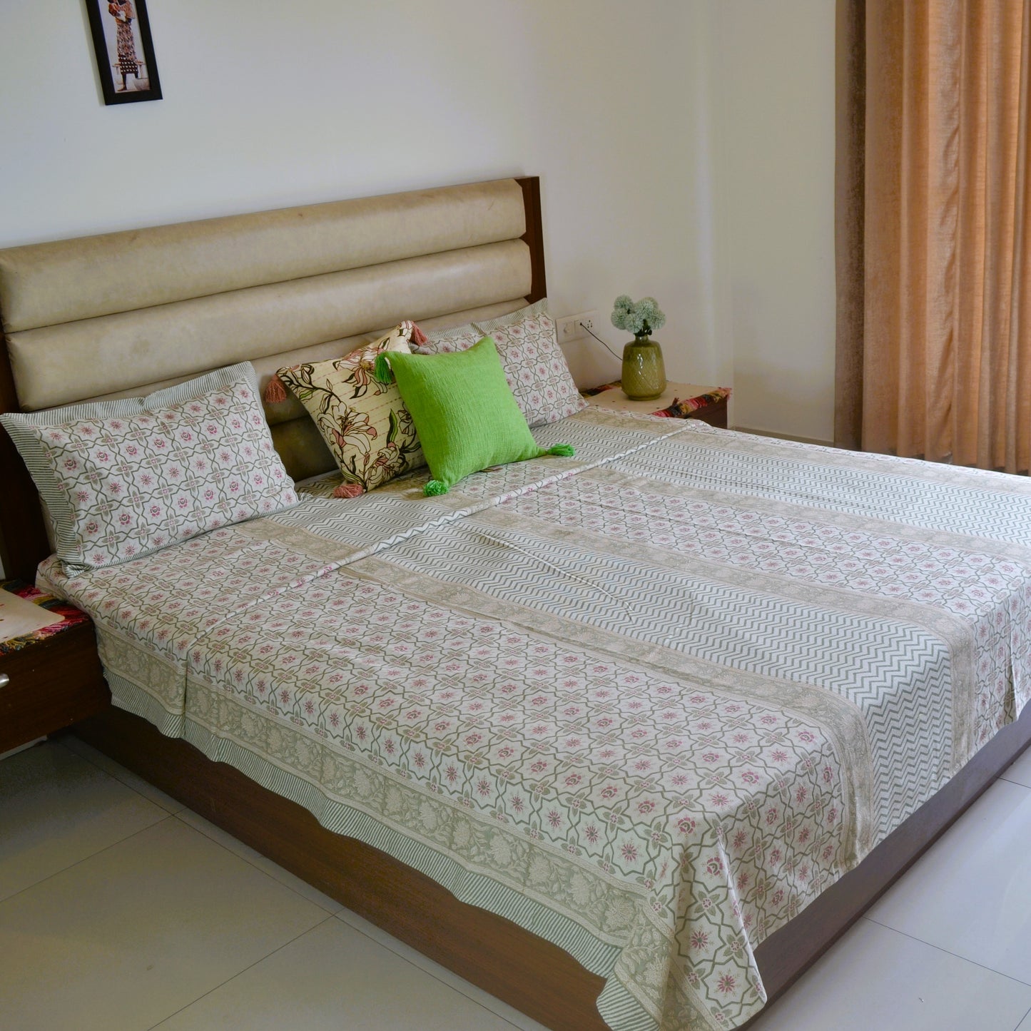 Abstract Blockprinted Cotton Bedcover-Green
