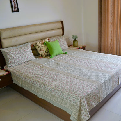 Abstract Blockprinted Cotton Bedcover-Green