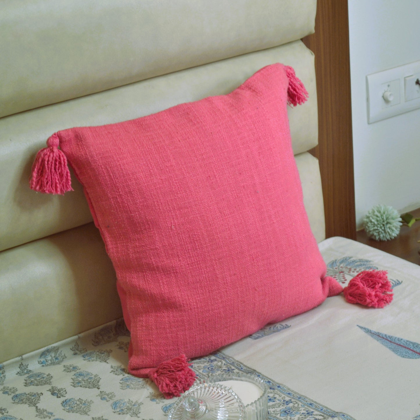 Slub Cotton Solid Pink Cushion Cover