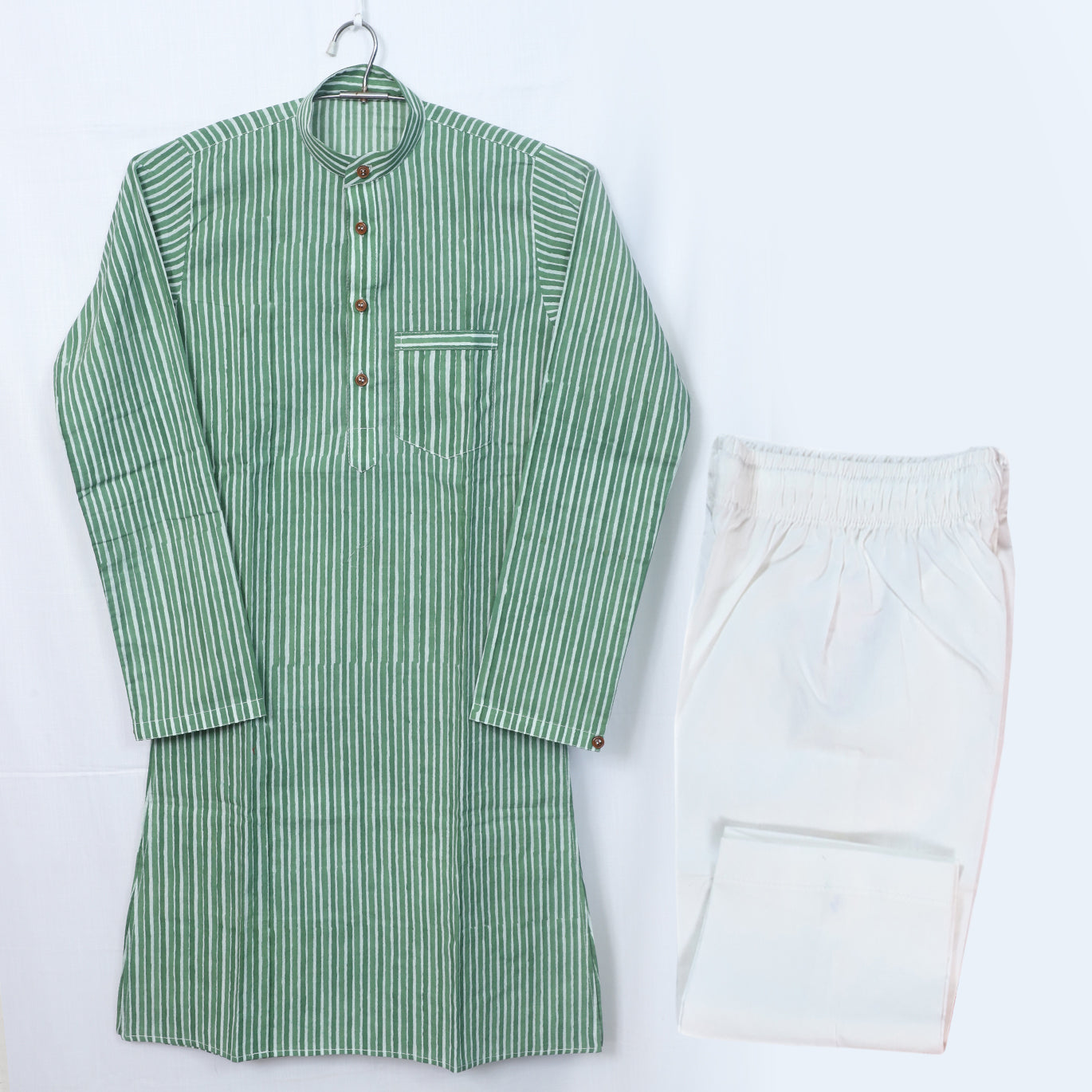 Kurta Pyjama Green And White Stripes