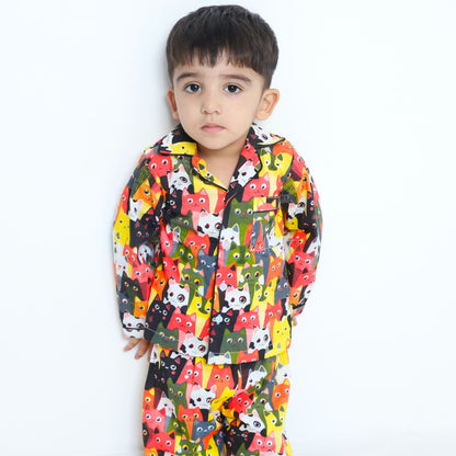 NightSuit Meow Cats Print Long Sleeve Kids