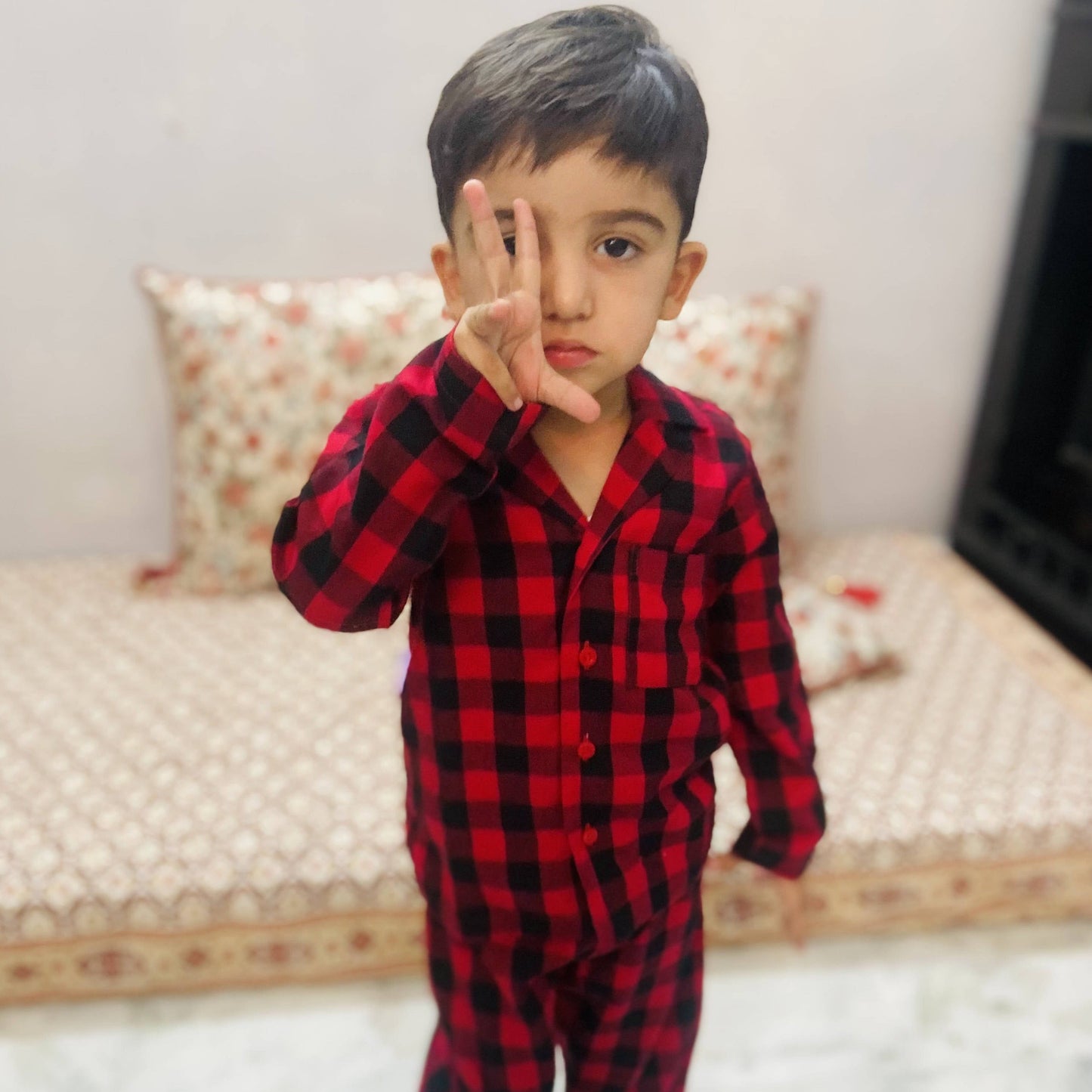 Red And Black Check Long Sleeve Kids NightSuit